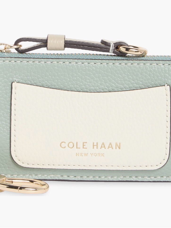 Cole Haan Mint Green And Cream Leather Card Holder With Gold Hardware